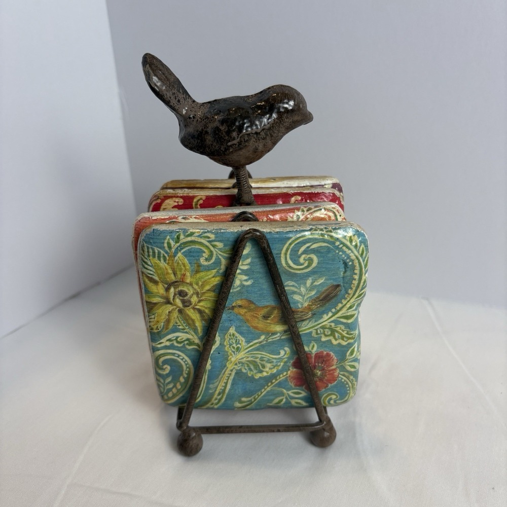 Creative Co-Op Kate McRostie Stone Tile Look Coaster Set in Metal Bird Stand